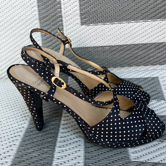 Charles Jourdan Polka Dot Platform Heel Peep Toe Sandals Black Size 10 - Picture 2 of 11